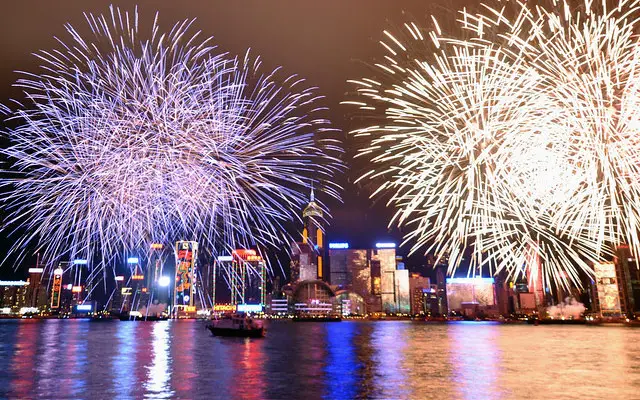 Spectacular firework show at Victoria Harbour, Hong Kong.