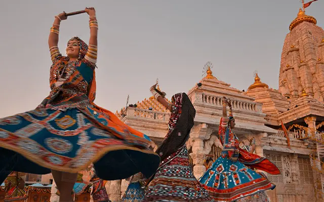 Folk dance performances at Ambaji Hindu temple, West India, Gujarat.