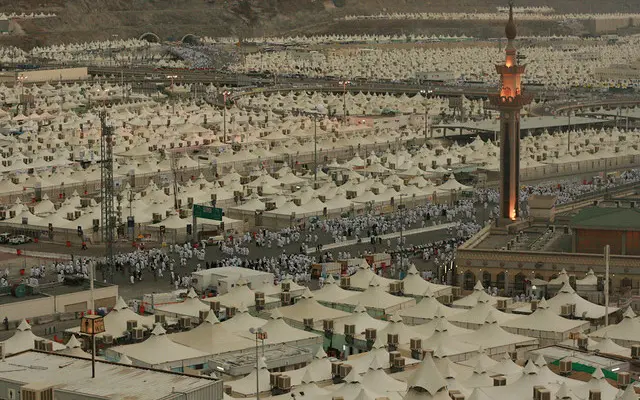 Thousands of white tents covering the Mina valley. The temporary accommodation area for Hajj pilgrims.
