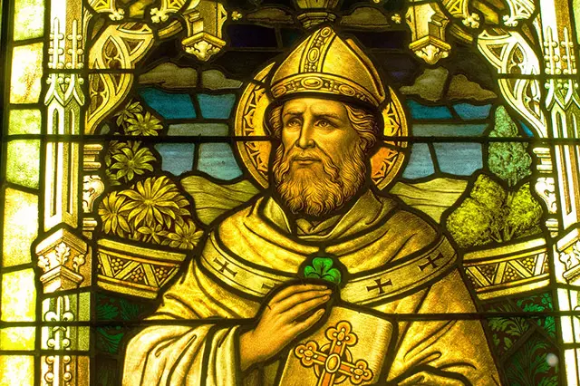 St Patrick's figure holding a green Shamrock, attributed on a stained glass window.