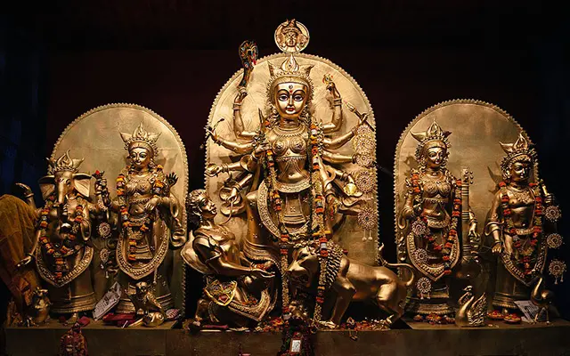 Temple decoration of the Goddess Durga, her incarnations and other Hindu deities.