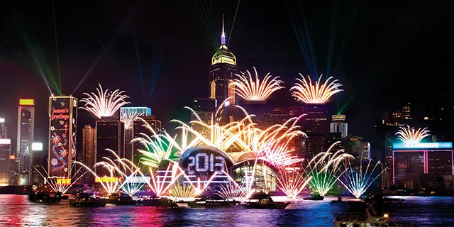 A night capture of the spectacular Victoria Harbour firework show.