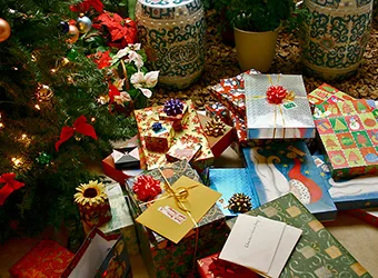 Gift packages by the Christmas tree.