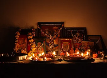 A Diwali home-altar as a praying spot in a room.