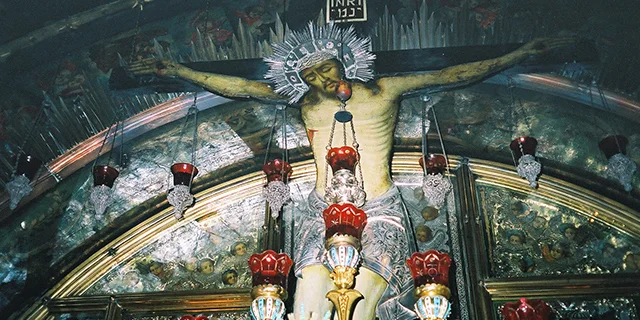 A big icon of the crucified Jesus Christ in the Church of the Holy Sepulchre in Jerusalem.