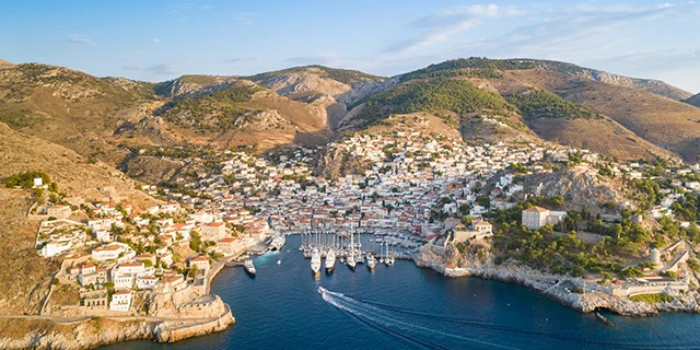 An aerial capture of the the main village and port of Hydra.