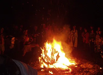 Festival attendants around a bonfire.