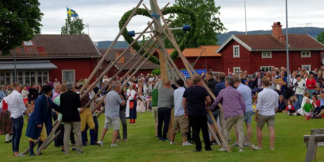A group of men attempting to set up the maypole.