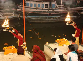 Aarti ritual by Ganges river in Varanasi.