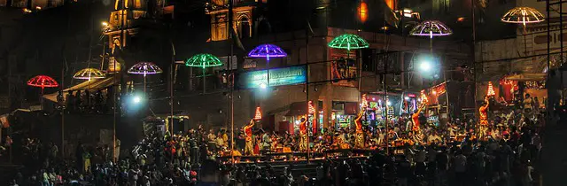 An Aarti ritual by the Ganges river at the city of Varanasi in India.