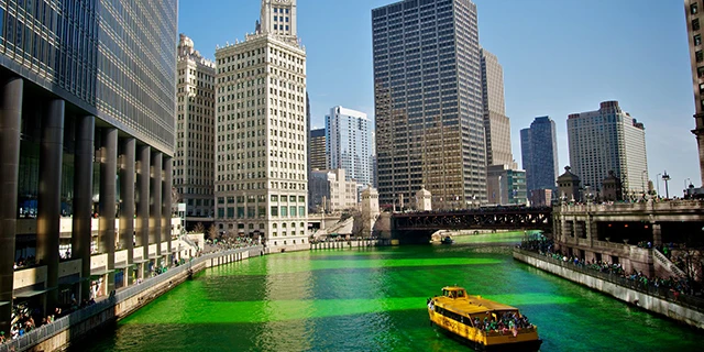 Chicago River dyed in green for the St. Patrick's Day celebration.
