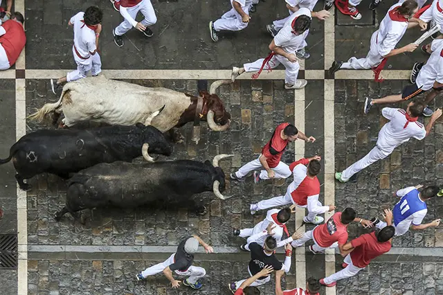 An aerial close up of the El Encierro (Running of the Bulls) ritual.