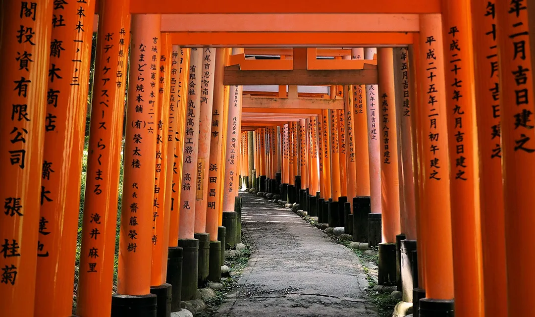 Entrance in a form of a pillar corridor at a Shinto Temple in Japan.