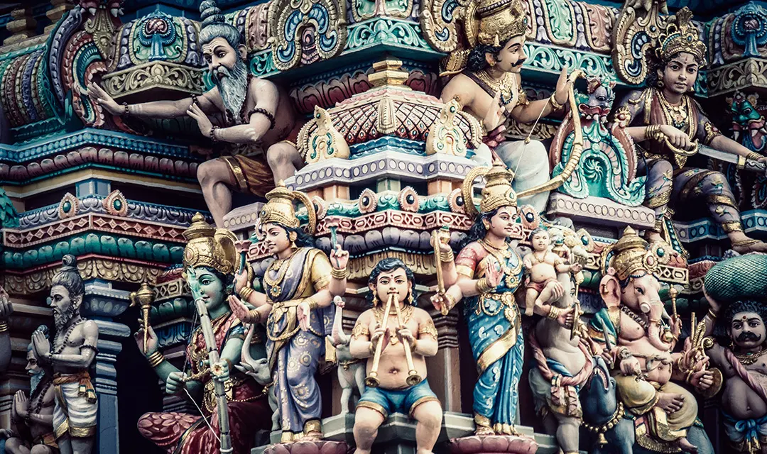 Ornaments and idols decorating a Hindu temple.